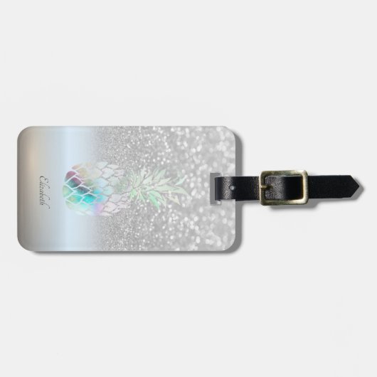 Silver Glitter Bokeh Ombre, Pineapple - Gepersonal Bagagelabel (Voorkant horizontaal)