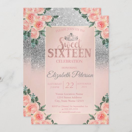 Silver Glitter Bokeh, Tiara Floral Sweet 16 Party Kaart (Voorkant / Achterkant)