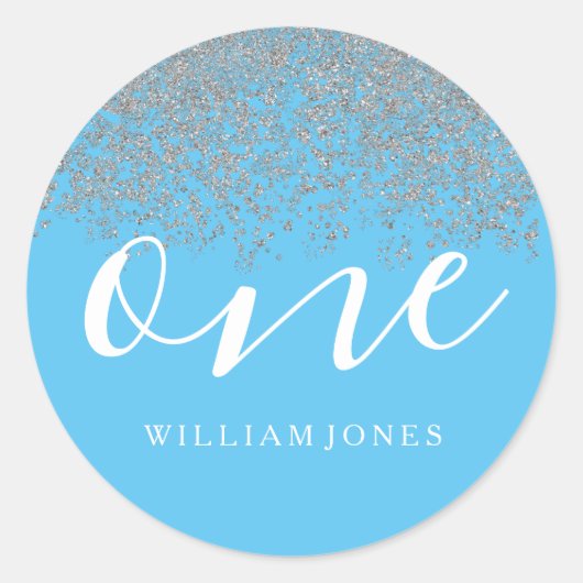 Silver Glitter Boys Blue 1e verjaardag Ronde Sticker (Voorkant)