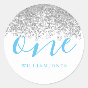 Silver Glitter Boys White Blue 1-jarig feestje Ronde Sticker