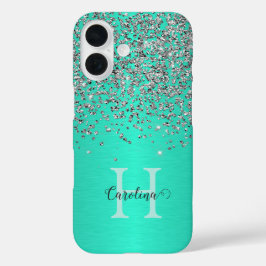 Silver Glitter, Brush Blauwgroen Steel, Gepersonal iPhone 16 Hoesje