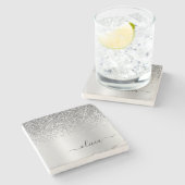 Silver Glitter Brushed Girly Monogram Name Stenen Onderzetter (Zijkant)