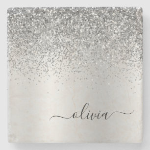 Silver Glitter Brushed Girly Monogram Name Stenen Onderzetter