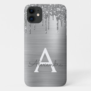 Silver Glitter Brushed Metal Monogram Name iPhone 11 Hoesje