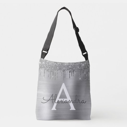 Silver Glitter Brushed Metal Monogram Name Crossbody Tas (Voorkant)