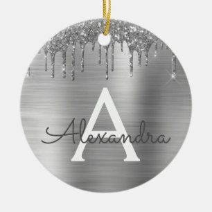 Silver Glitter Brushed Metal Monogram Name Keramisch Ornament