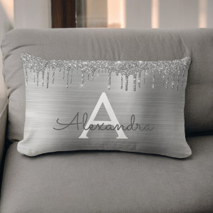 Silver Glitter Brushed Metal Monogram Name Kussen