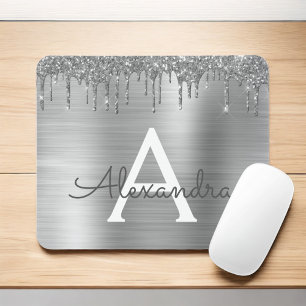 Silver Glitter Brushed Metal Monogram Name Muismat