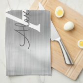 Silver Glitter Brushed Metal Monogram Name Theedoek (Quarter Fold)