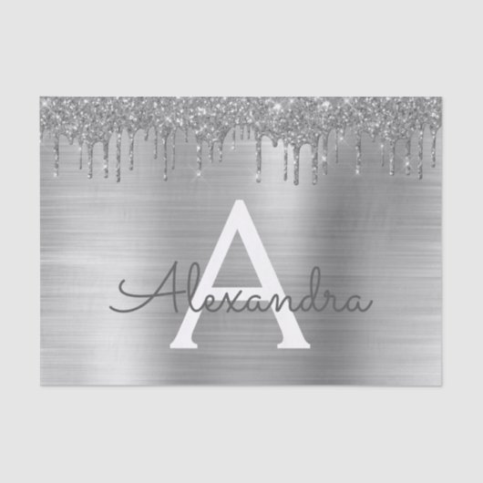 Silver Glitter Brushed Metal Monogram Name Tissuepapier (Voorkant)