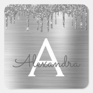 Silver Glitter Brushed Metal Monogram Name Vierkante Sticker