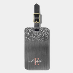 Silver glitter Brushed Metal Monogram Script Bagagelabel