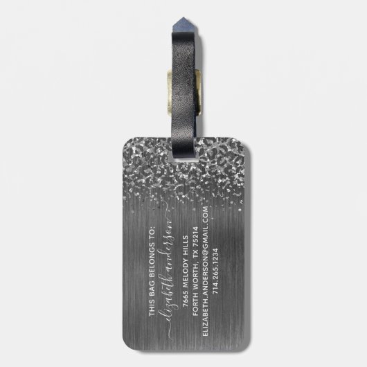 Silver glitter Brushed Metal Monogram Script Bagagelabel (Achterkant verticaal)