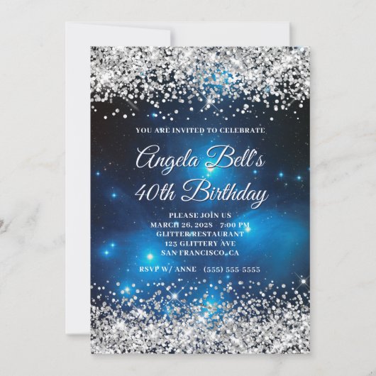 Silver Glitter Celestial Blue 40th Birthday Kaart (Voorkant)