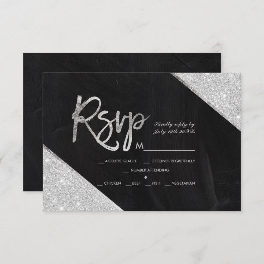 Silver glitter chalkboard script bruiloft Rsvp (Voorkant / Achterkant)
