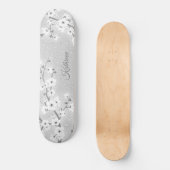Silver Glitter Cherry Blossom Monogram Girly Skateboard (Voorkant)