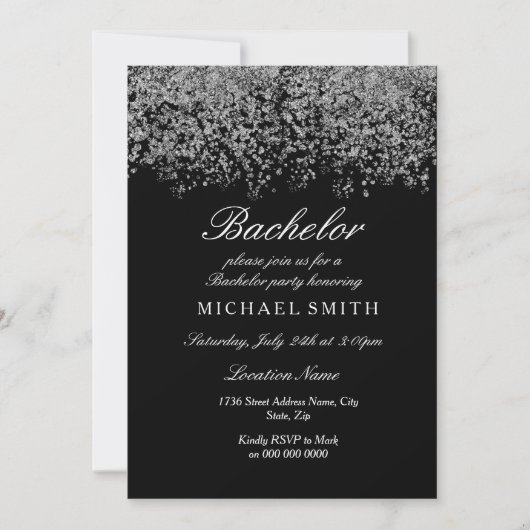 Silver Glitter Confetti Black Bachelor Party Kaart (Voorkant)