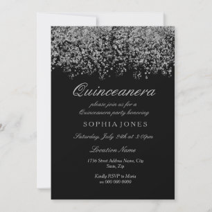 Silver Glitter Confetti Black Quinceanera Invite Kaart
