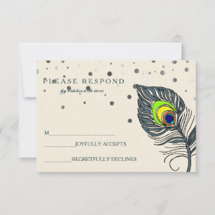 Silver Glitter Confetti Peacock Feather Blue RSVP Kaartje