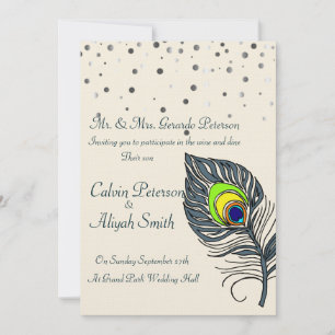 Silver Glitter Confetti Peacock Feathers Wedding Kaart