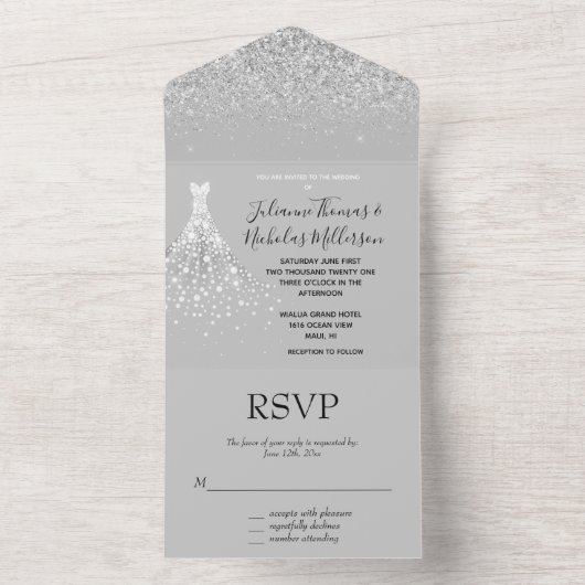 Silver Glitter Confetti Wit Diamond Jurk All In One Uitnodiging (Binnen)