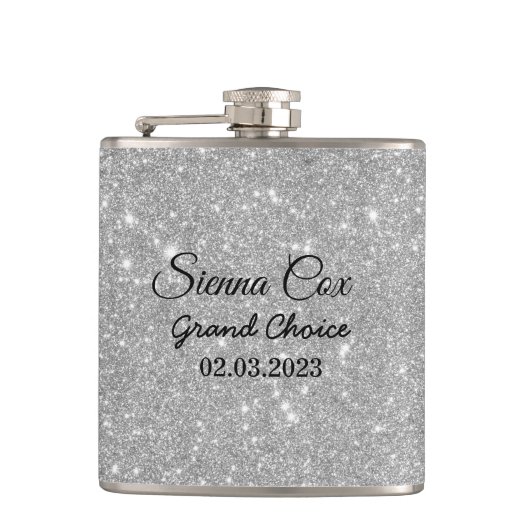 Silver Glitter Custom Name Heupfles (Voorkant)