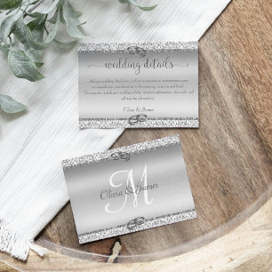 Silver Glitter Damask Elegant Wedding Details Informatiekaartje