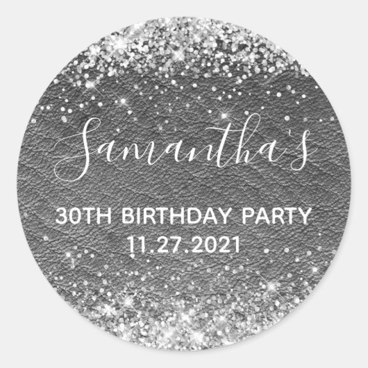 Silver Glitter Dark Grey Leather 30th Birthday Ronde Sticker (Voorkant)