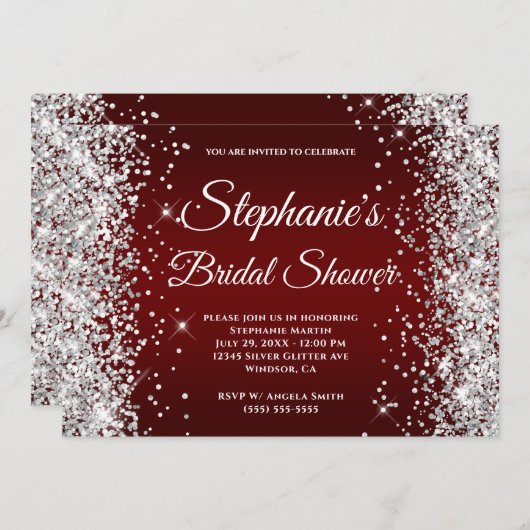 Silver Glitter Dark Red Gradient Fancy Monogram Kaart (Voorkant / Achterkant)