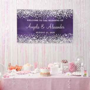 Silver Glitter Dark Violet Folie Bruiloft Welkom Spandoek