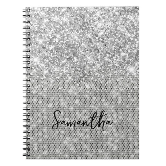 Silver Glitter Diamond Glam Script naam Notitieboek (Voorkant)