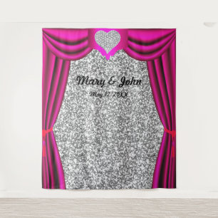 Silver Glitter Diamond Heart Pink Curtain Backdrop Wandkleed