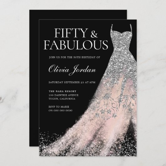 Silver Glitter Dress Blush Haze 50ste verjaardag Kaart (Voorkant / Achterkant)