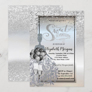 Silver Glitter Dress, Glass, Ballons Sweet 17 Kaart