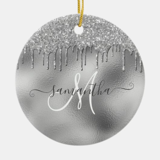 SIlver Glitter Drift Handgeschreven scriptnaam Keramisch Ornament (Voorkant)