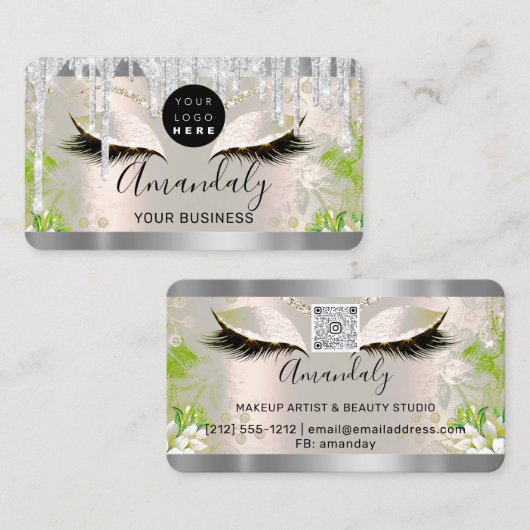 Silver Glitter Drift Lijst Qr Code Logo Lashes Visitekaartje (Voorkant / Achterkant)