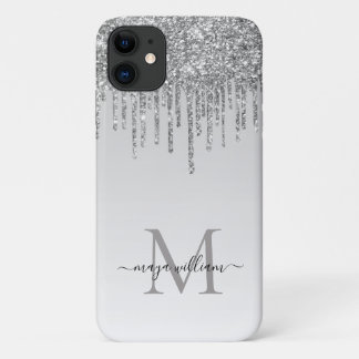 Silver Glitter Drift Persoonlijke Monogram Naam iPhone 11 Hoesje