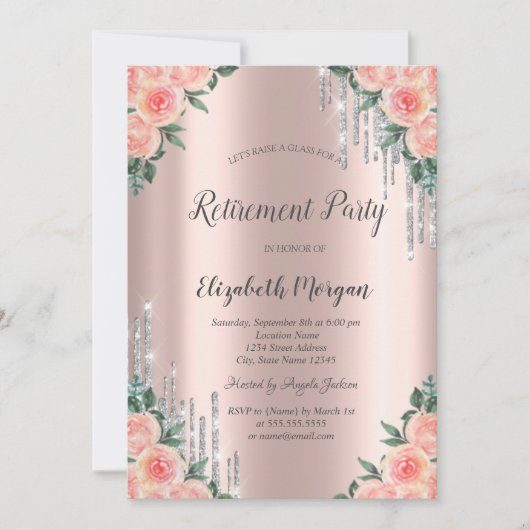 Silver Glitter Drift Roos Gold Floral Retirement Kaart (Voorkant)
