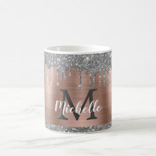 Silver Glitter Drift Roos Gold Metal Monogram Koffiemok