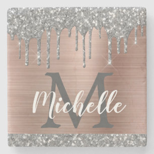 Silver Glitter Drift Roos Gold Metal Name Monogram Stenen Onderzetter