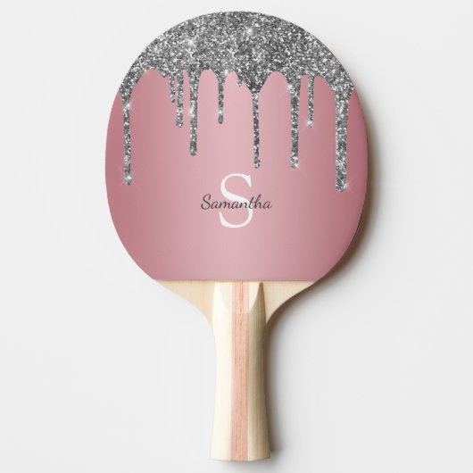 Silver Glitter Drift Roos Gold Pink Monogram Naam Tafeltennisbatje (Voorkant)