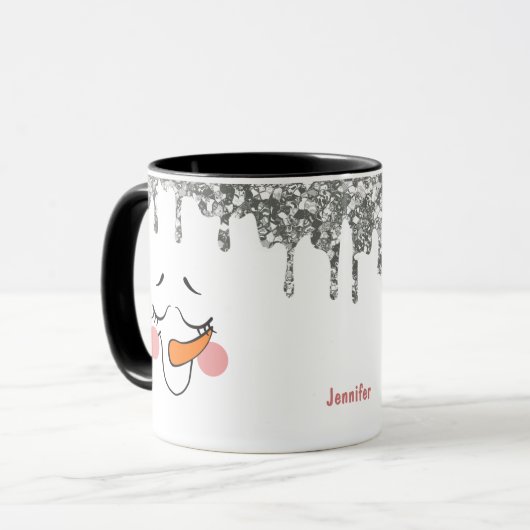 Silver Glitter Drift Snowman Face Holiday Mok (Voorkant links)