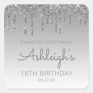 Silver Glitter Drip 18th Birthday Party Dank u Vierkante Sticker
