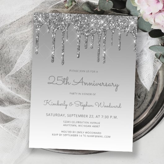 Silver Glitter Drip 25th Anniversary Invitation