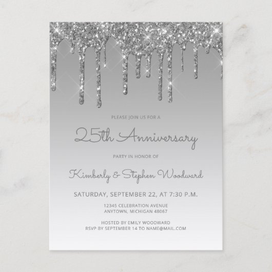Silver Glitter Drip 25th Anniversary Invitation (Devant)