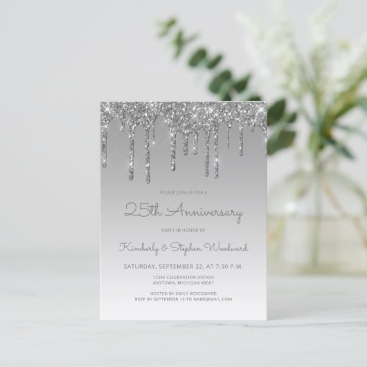 Silver Glitter Drip 25th Anniversary Invitation (Debout devant)