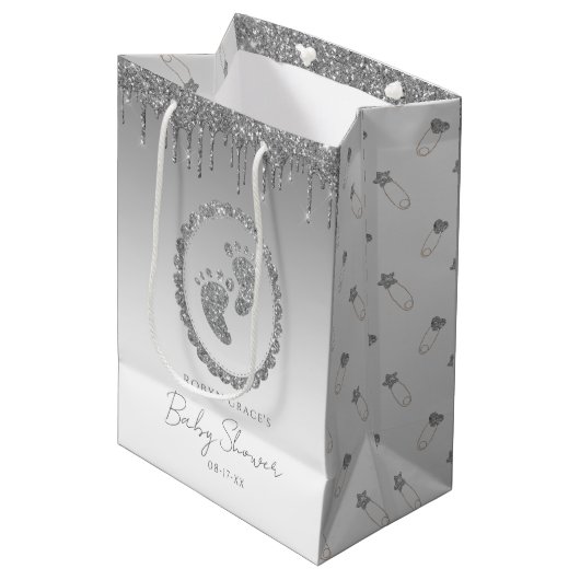 Silver Glitter Drip Baby shower Gift Bag Medium Cadeauzakje (Voorkant Gekanteld)
