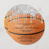 Silver Glitter Drip Basketball Uitnodiging (Voorkant / Achterkant)