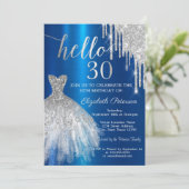 Silver Glitter Drip Dress Blue Metallic 30th Kaart (Staand voorkant)