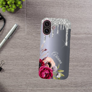 Silver glitter drip metallic bogundy bloemen iPhone 16 hoesje